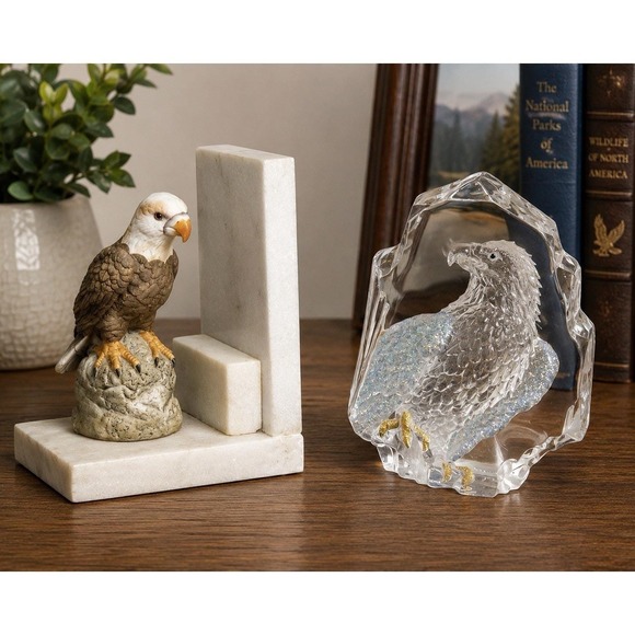 DECOR WALTHER Other - Vintage Eagle Bookends Marble & Lucite Bald Eagle Decor Set